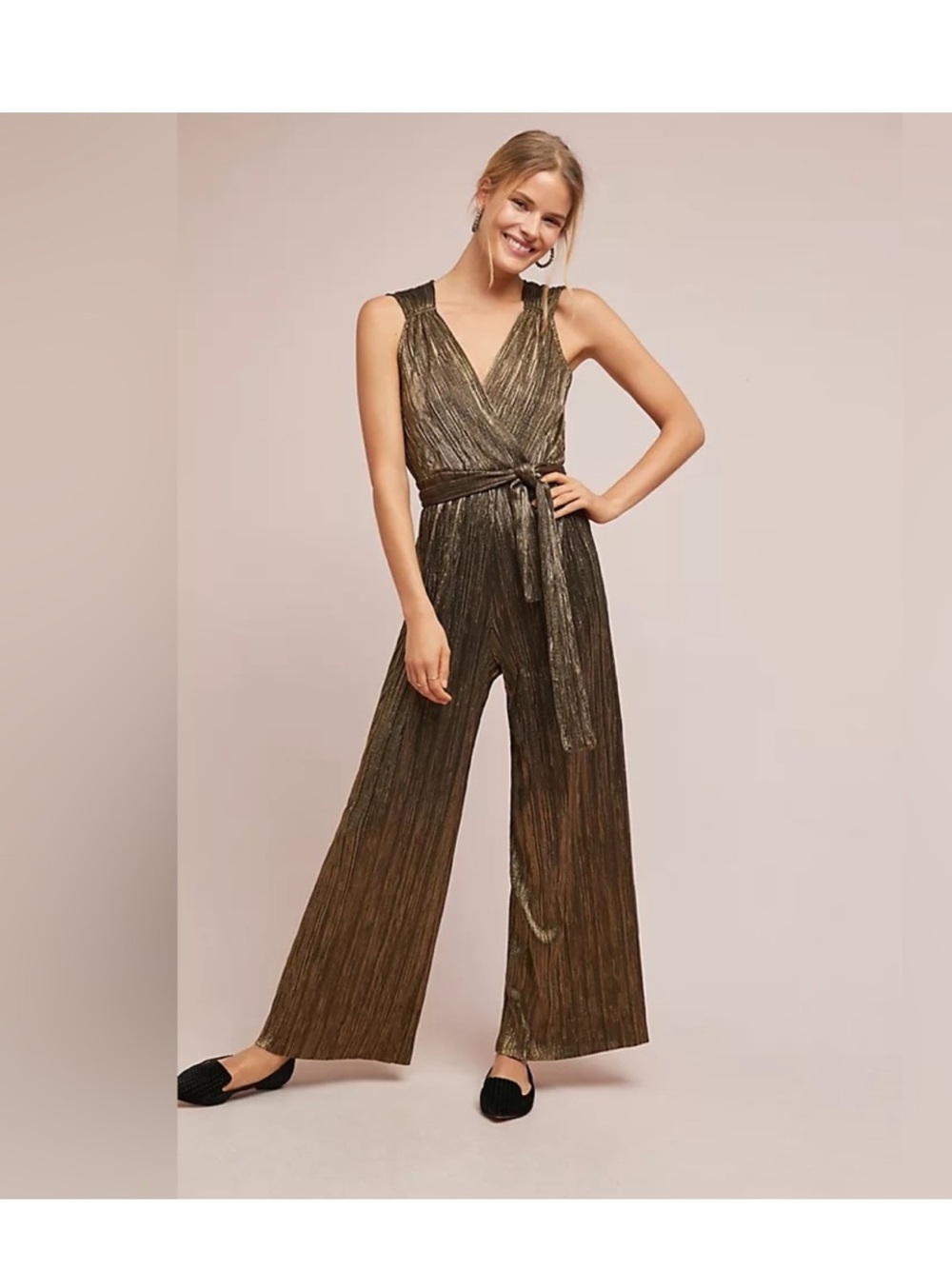 Anthropologie Vanessa Virginia Pont Neuf Gold Metallic Jumpsuit Size XS